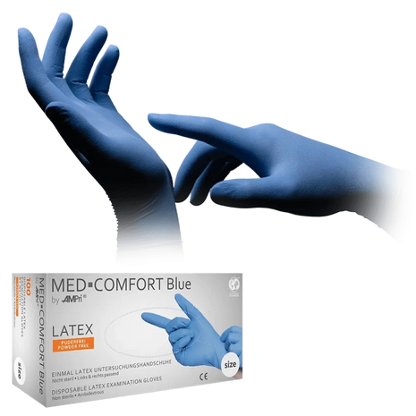 Blaue Latex-Untersuchungshandschuhe MED-COMFORT Blue, pulverfrei, Einmalhandschuhe für medizinische Anwendungen
