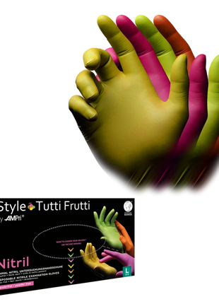 Style tutti frutti by Med-Comfort AMPri Nitrilhandschuhe bunt 96 Stück Premium XS–XL
