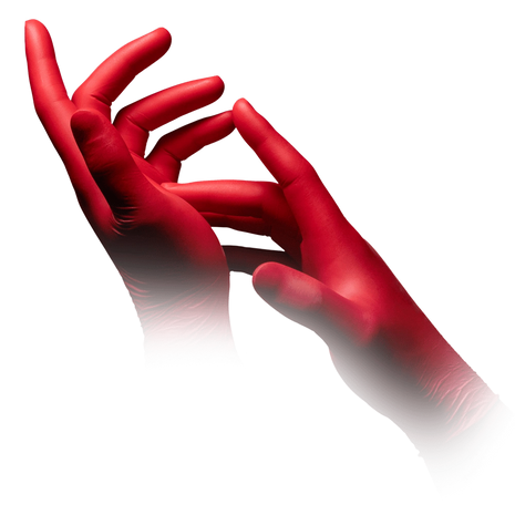 Rote Einmalhandschuhe für medizinische Pflege und Hygiene