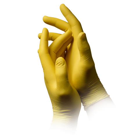 Gelbe Einmalhandschuhe für medizinische Pflege und Hygiene