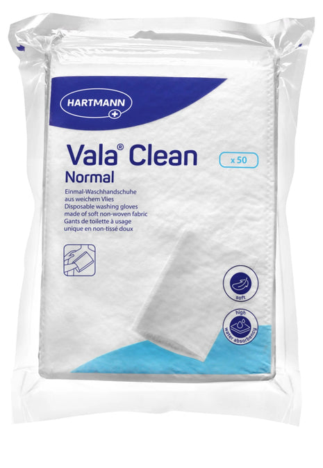 Vala Clean Normal Einmal-Waschhandschuhe aus weichem Vlies, 50 Stück, hochsaugfähig und sanft