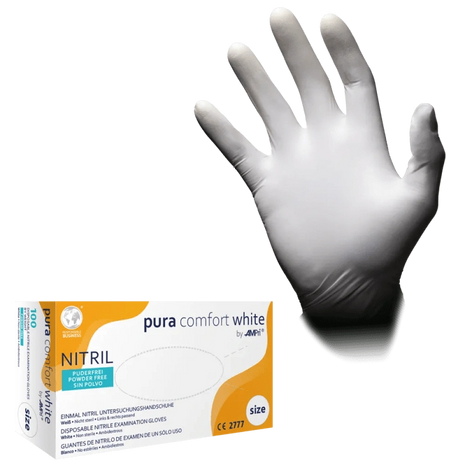 Weiße Nitril-Untersuchungshandschuhe, puderfrei, Einmalhandschuhe für medizinische Pflege und Homecare