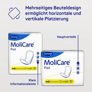 MoliCare Pad midi 30, mehrseitiges Beuteldesign für horizontale & vertikale Platzierung, klare Informationsleiste