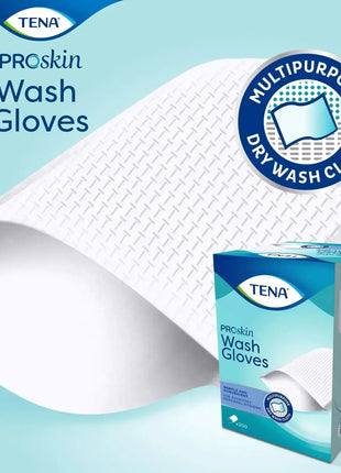 TENA ProSkin Waschhandschuhe, strukturierte Einweg-Waschhandschuhe für sanfte Hautreinigung, Verpackung abgebildet