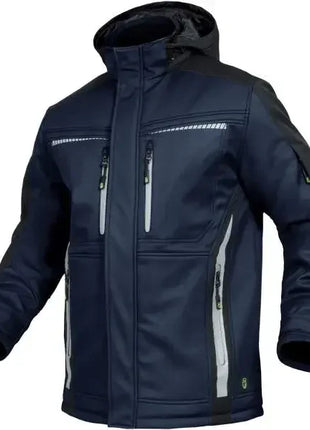 Dunkelblaue Softshell-Arbeitsjacke mit Reflektoren, Kapuze und mehreren Reißverschlusstaschen