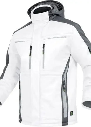 Weiße Softshell-Arbeitsjacke mit Kapuze, winddicht, wasserabweisend, reflektierende Details