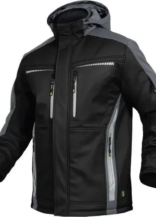 Schwarze Softshell-Jacke mit grauen Akzenten und Kapuze, reflektierende Reißverschlüsse, Arbeitsjacke