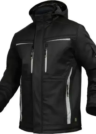 Schwarze Softshelljacke mit reflektierenden Reißverschlüssen und Kapuze, Arbeitsschutz