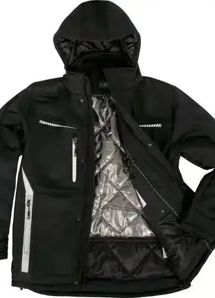 Schwarze Softshelljacke mit Kapuze, reflektierenden Reißverschlüssen und gesteppter Innenfutter, Arbeitsschutz Kleidung