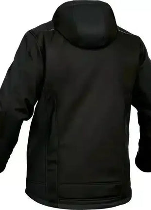 Schwarze Softshelljacke mit Kapuze, wetterfest, Rückansicht, Outdoor-Bekleidung
