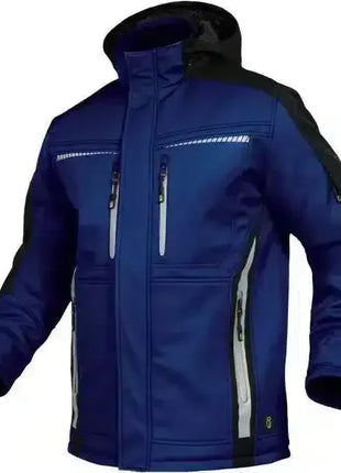Blaue Softshell-Arbeitsjacke mit Kapuze, Reflektorstreifen und Reißverschlusstaschen