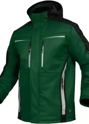 Grüne Softshelljacke mit schwarzen Akzenten, vielen Reißverschlusstaschen, wasserabweisend, Outdoor-Arbeitskleidung
