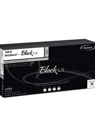 MaiMed Black LX Untersuchungshandschuhe, schwarze Latexhandschuhe, Größe M, puderfrei, medizinisch, Hygieneprodukt.