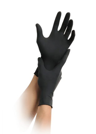 Schwarze Einmalhandschuhe aus Nitril, medizinisch, werden angezogen, Hygiene Schutz