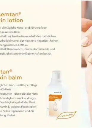 Hautpflegeprodukte für trockene Haut, esemtan skin lotion und dry skin balm, Anwendung auf Händen, feuchtigkeitsspendend, professionelle Pflege, dermatologisch getestet.