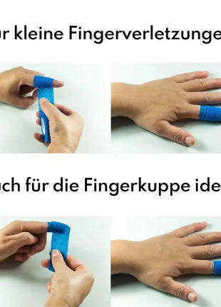 Produktbild und Anleitung für Actiomedic Fingerverband in Blau - Ein wasserabweisender und elastischer Verband für eine zuverlässige und flexible Wundversorgung