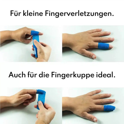 Produktbild und Anleitung für Actiomedic Fingerverband in Blau - Ein wasserabweisender und elastischer Verband für eine zuverlässige und flexible Wundversorgung