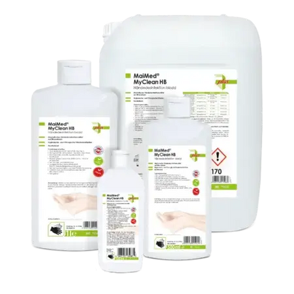 MaiMed Haendedesinfektionsmittel Gruppenbild von 100ml, 500ml, 1 Liter, 5 Liter und 10 Liter Flasche bzw. Kanister