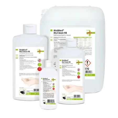 MaiMed Haendedesinfektionsmittel Gruppenbild von 100ml, 500ml, 1 Liter, 5 Liter und 10 Liter Flasche bzw. Kanister