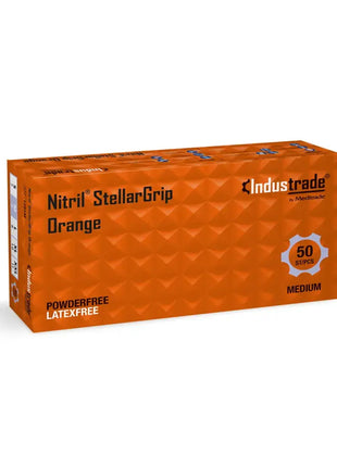 Produktbild von orangen Nitrilhandschuhen mit Diamanttextur - Meditrade Stellargrip von Senipax. Diese Einweghandschuhe bieten herausragenden Grip. Box