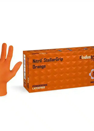 Produktbild von orange Nitrilhandschuhen mit Diamanttextur - Meditrade Stellargrip von Senipax. Diese Einweghandschuhe bieten herausragenden Grip. Produkt und Box