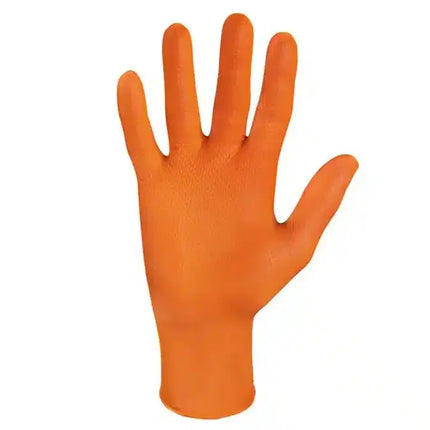 Produktbild von orangen Nitrilhandschuhen mit Diamanttextur - Meditrade Stellargrip von Senipax. Diese Einweghandschuhe bieten herausragenden Grip