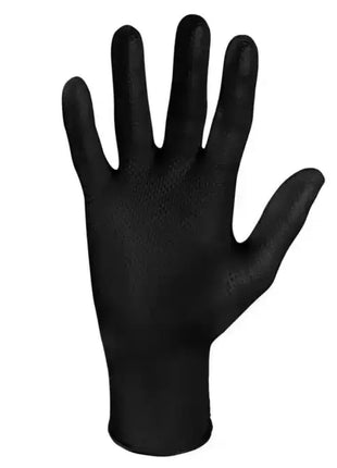 Produktbild von schwarzen Nitrilhandschuhen mit Diamanttextur - Meditrade Stellargrip von Senipax. Diese Einweghandschuhe bieten herausragenden Grip
