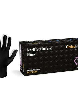 Produktbild von schwarzen Nitrilhandschuhen mit Diamanttextur - Meditrade Stellargrip von Senipax. Diese Einweghandschuhe bieten herausragenden Grip. Produktbild Box und Handschuh