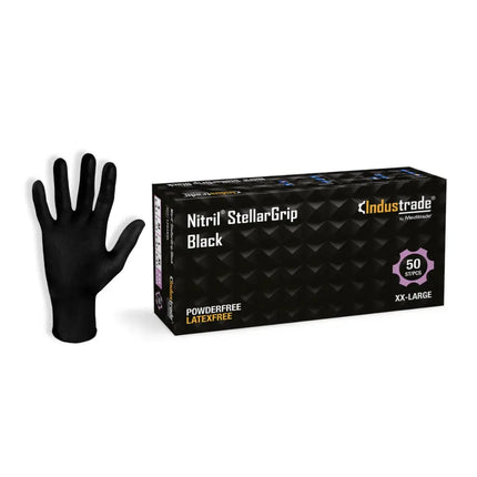 Produktbild von schwarzen Nitrilhandschuhen mit Diamanttextur - Meditrade Stellargrip von Senipax. Diese Einweghandschuhe bieten herausragenden Grip. Produktbild Box und Handschuh