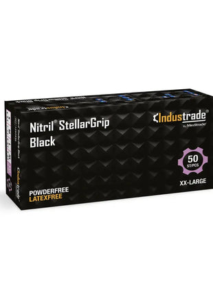 Produktbild von schwarzen Nitrilhandschuhen mit Diamanttextur - Meditrade Stellargrip von Senipax. Diese Einweghandschuhe bieten herausragenden Grip. Bild von der Box