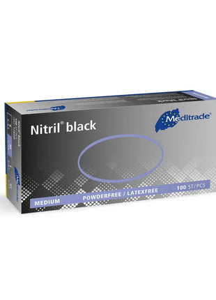 Schwarze Nitrilhandschuhe von Senipax, bekannt als Meditrade Nitril Black - Hochwertige Einweghandschuhe für verschiedene Anwendungen. Box mit 100 Handschuhen