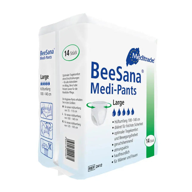 Ein Medizinprodukt für Inkontinenz mit dem Markennamen Beesana Medipants. Der Inkontinenzslip von Meditrade Senipax bietet diskreten Schutz und Komfort