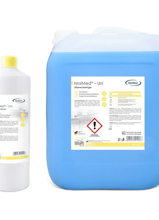 MaiMed Uni Allzweckreiniger Kanister und Flasche, blauer Reinigungsmittel, professionelle Hygiene
