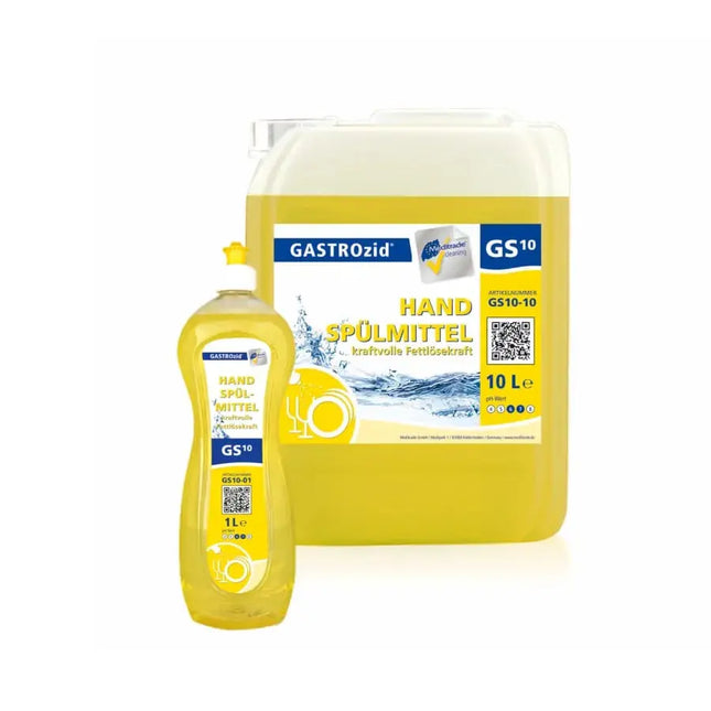 Produktbild und Abbildung von Gastrozid Handspülmittel 10 Liter Kanister und 1 Liter Flasche