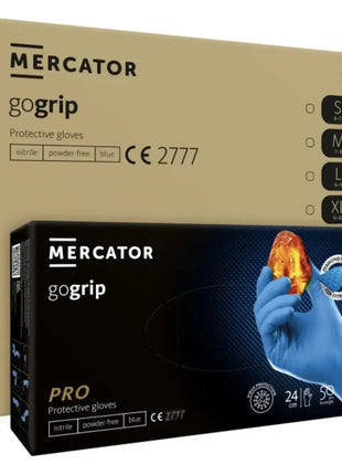 Blaue Nitril-Einweghandschuhe Mercator GoGrip, puderfrei, Schutzhandschuhe in Verpackung