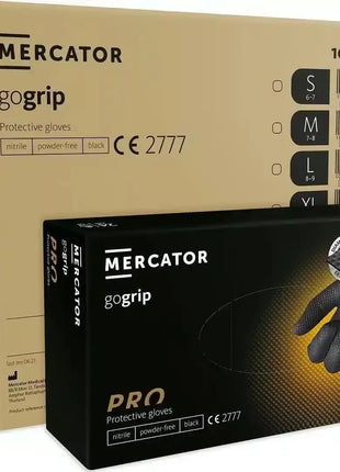 Schwarze Nitril-Einweghandschuhe, puderfrei, Mercator go grip, Verpackung, hygienisch, Schutz
