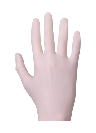 Hand mit medizinischem Einmalhandschuh aus Latex, Hygienehandschuh, Schutz für Pflege und Medizin