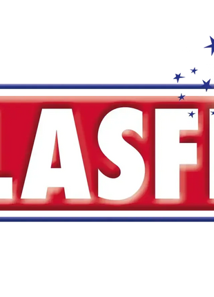 GLASFEE Logo mit Zauberstab, Sternen und rotem Hintergrund, Symbol für Glasreinigung