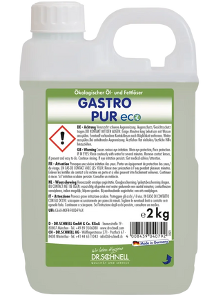 Gastro Pur eco ökologischer Öl- und Fettlöser Kanister 2kg mit Warnhinweisen und Dosiergriff