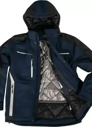 Schwarze, gefütterte Softshell-Arbeitsjacke mit Kapuze, Reißverschlusstaschen und wetterfestem Design