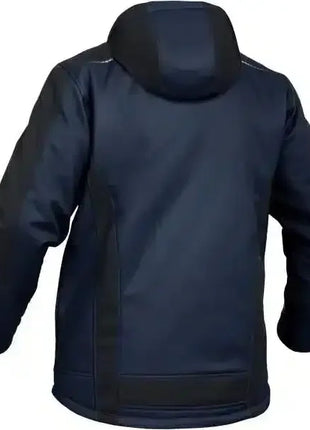 Dunkelblaue Softshelljacke mit Kapuze, Rückenansicht, Arbeitskleidung, wasserabweisend