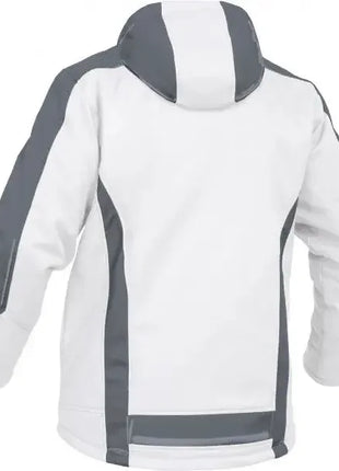 Weiße Arbeitsjacke mit grauen Akzenten und Kapuze, professionelle Schutzkleidung