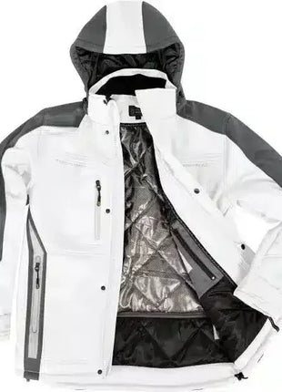 Weiße Softshelljacke mit Kapuze, reflektierendem Innenfutter und grauen Akzenten, geöffnet