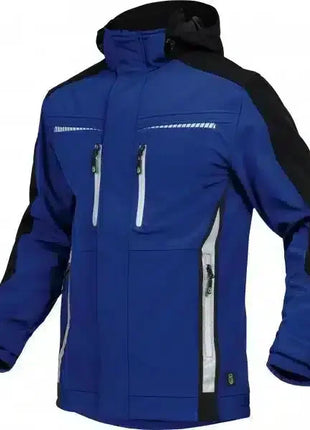 Blaue Softshell-Jacke mit schwarzen Ärmeln, Kapuze, mehreren Reißverschlusstaschen, Outdoor-Bekleidung