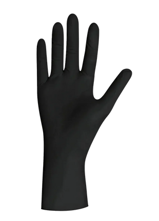 Schwarzer Einweghandschuh aus Nitril, medizinisch, hygienisch, auf schwarzem Hintergrund