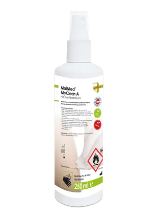 MaiMed MyClean A Hautdesinfektionsmittel Sprayflasche 250ml, professionelle Hygiene, Ethanol, für Hände und Haut, weißes Etikett, Sicherheitszeichen