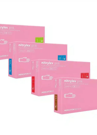 Vier Packungen Nitrylex Pink Nitril Einmalhandschuhe in verschiedenen Größen auf weißem Hintergrund