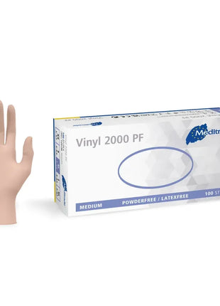 Vinyl Einweghandschuh puderfrei, latexfrei, Größe M, neben Verpackung Meditrade Vinyl 2000 PF