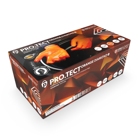 uvv handschuhe Unigloves PROTECT Orange HD Grip Handschuhe 100 Stück Diamanttextur | SeniPax.de | Großhandel | Hygieneartikel | Reinigungsmittel | Inkontinenzprodukte