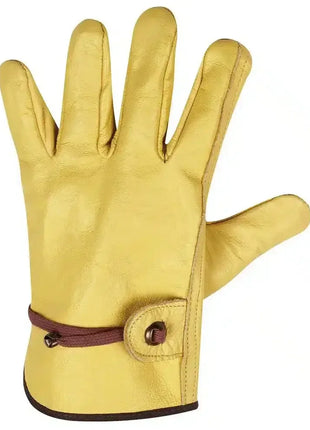 Gelber Lederhandschuh mit braunem Verschluss, Schutz- und Arbeitshandschuh, hochwertige Hygieneprodukte